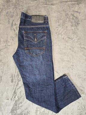 Rocawear Classic Fit Blue Denim Jeans Size 38x33 Dark Wash Stitch Distressed